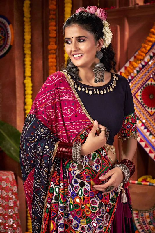 Multi Color Viscose Cotton Navratri Lehenga Choli With Thread And Mirror Work