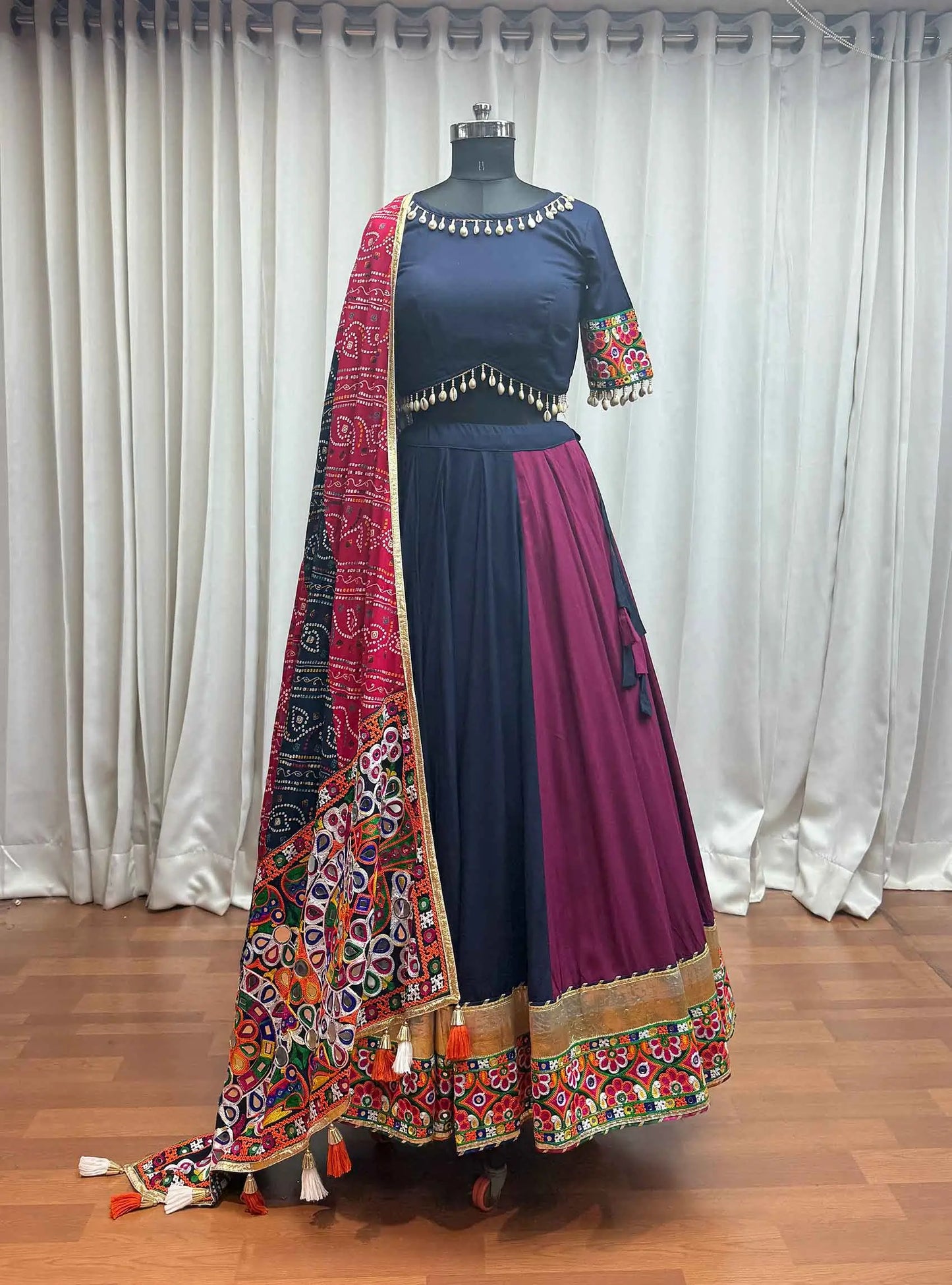 Multi Color Viscose Cotton Navratri Lehenga Choli With Thread And Mirror Work