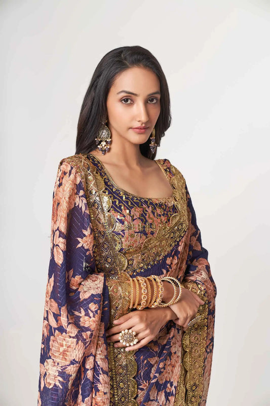 Purple Floral Print Organza Saree With Sequins Work