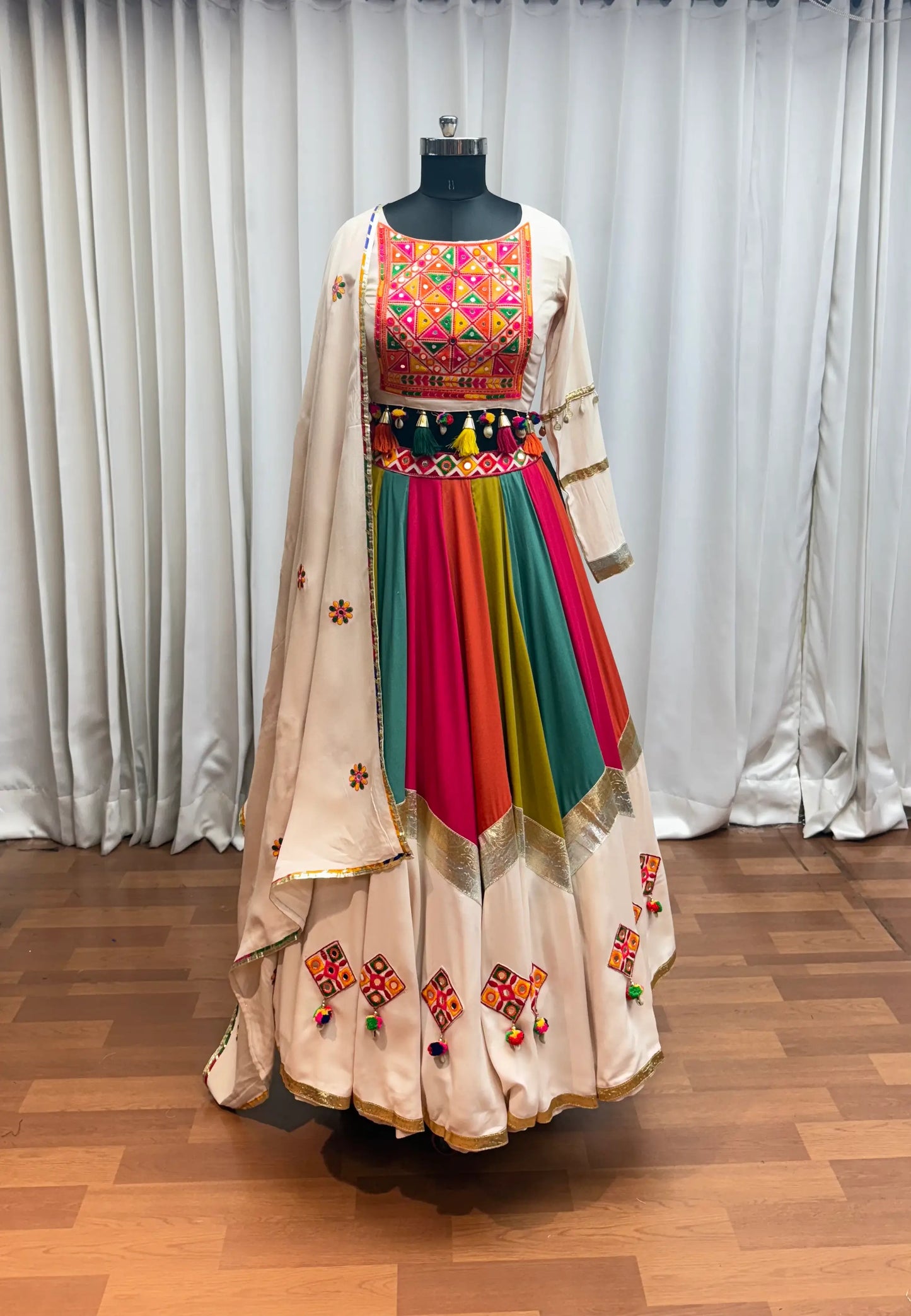 Beige With Multi Color Thread Mirror Work Lehenga Choli For Navratri