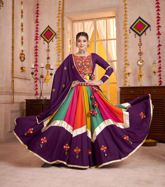 Purple With Multi Color Thread Mirror Work Lehenga Choli For Navratri