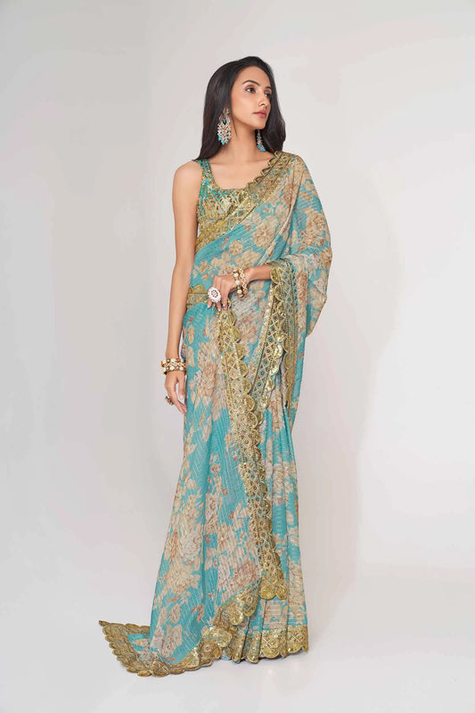 Sky Blue Floral Print Organza Saree With Sequins Work