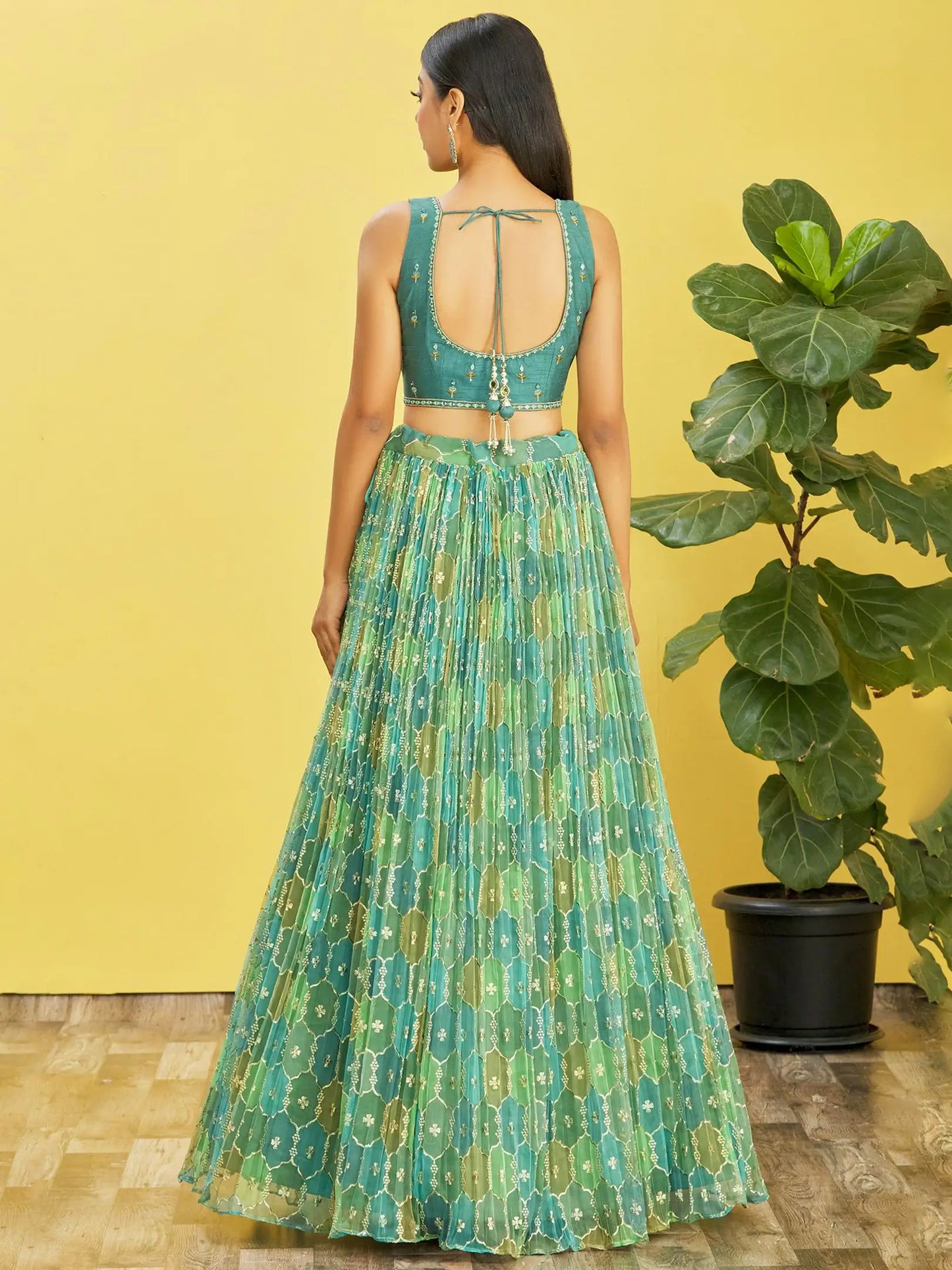 Pistachio Green Mirror Work Lehenga Choli with Net Dupatta