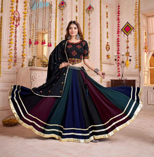 Black With Multi Color Lehenga With Thread And Mirror Work Choli For Navratri