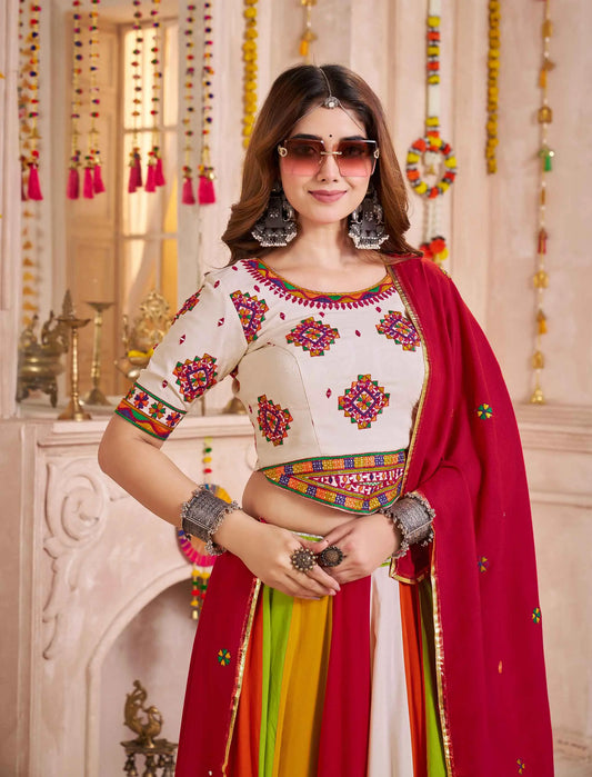 White With Multi Color Navratri Lehenga With Thread And Mirror Work Choli