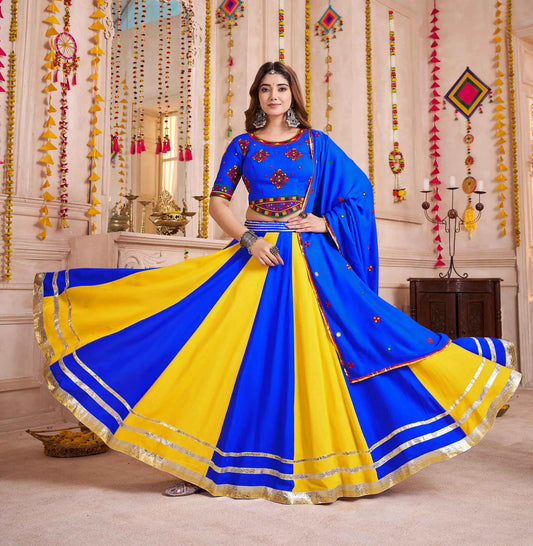 Blue And yellow Lehenga With Thread And Mirror Work Choli For Navratri