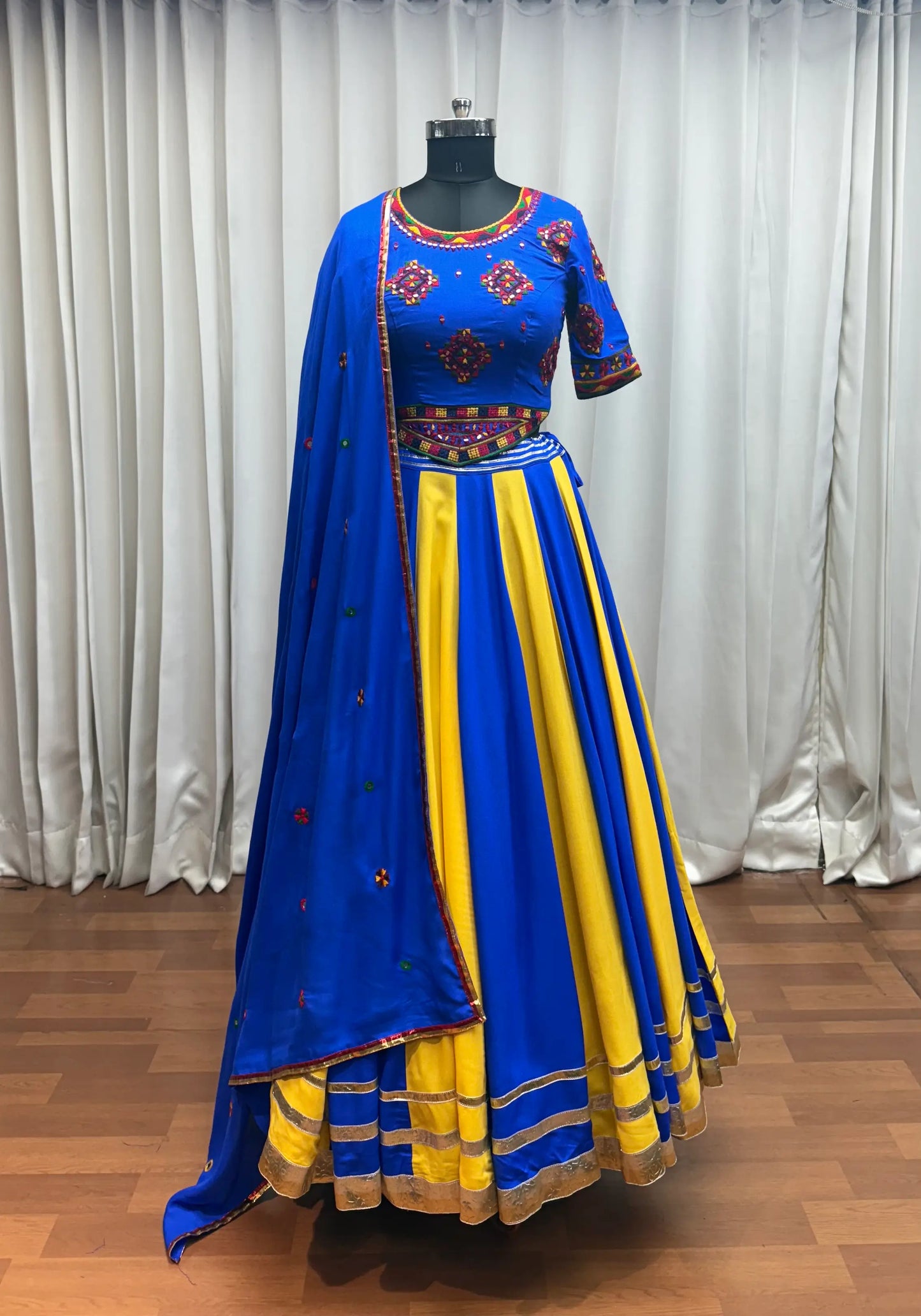 Blue And yellow Lehenga With Thread And Mirror Work Choli For Navratri