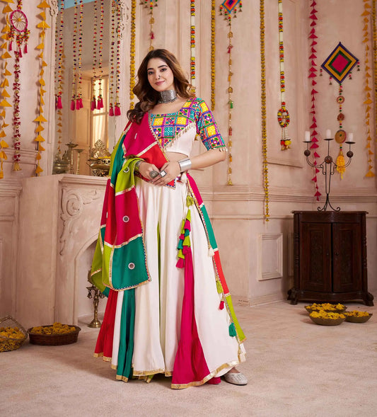 White With Multi Color Lehenga With Kutchi Mirror Work Choli For Navratri