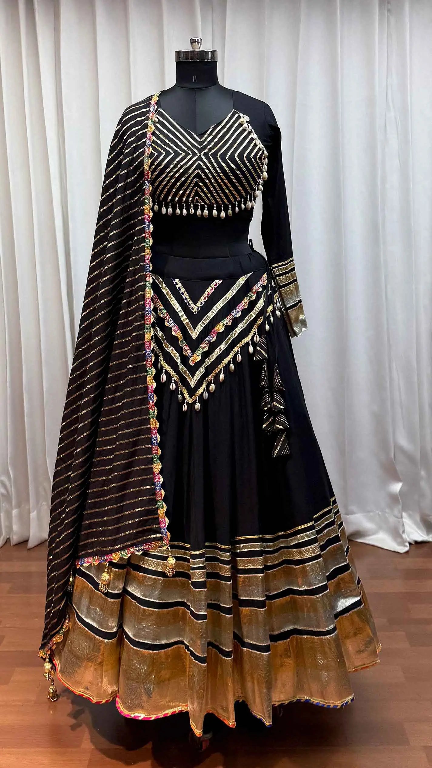 Black Designer Gamthi With Lampi Lace Work Navratri Lehenga Choli