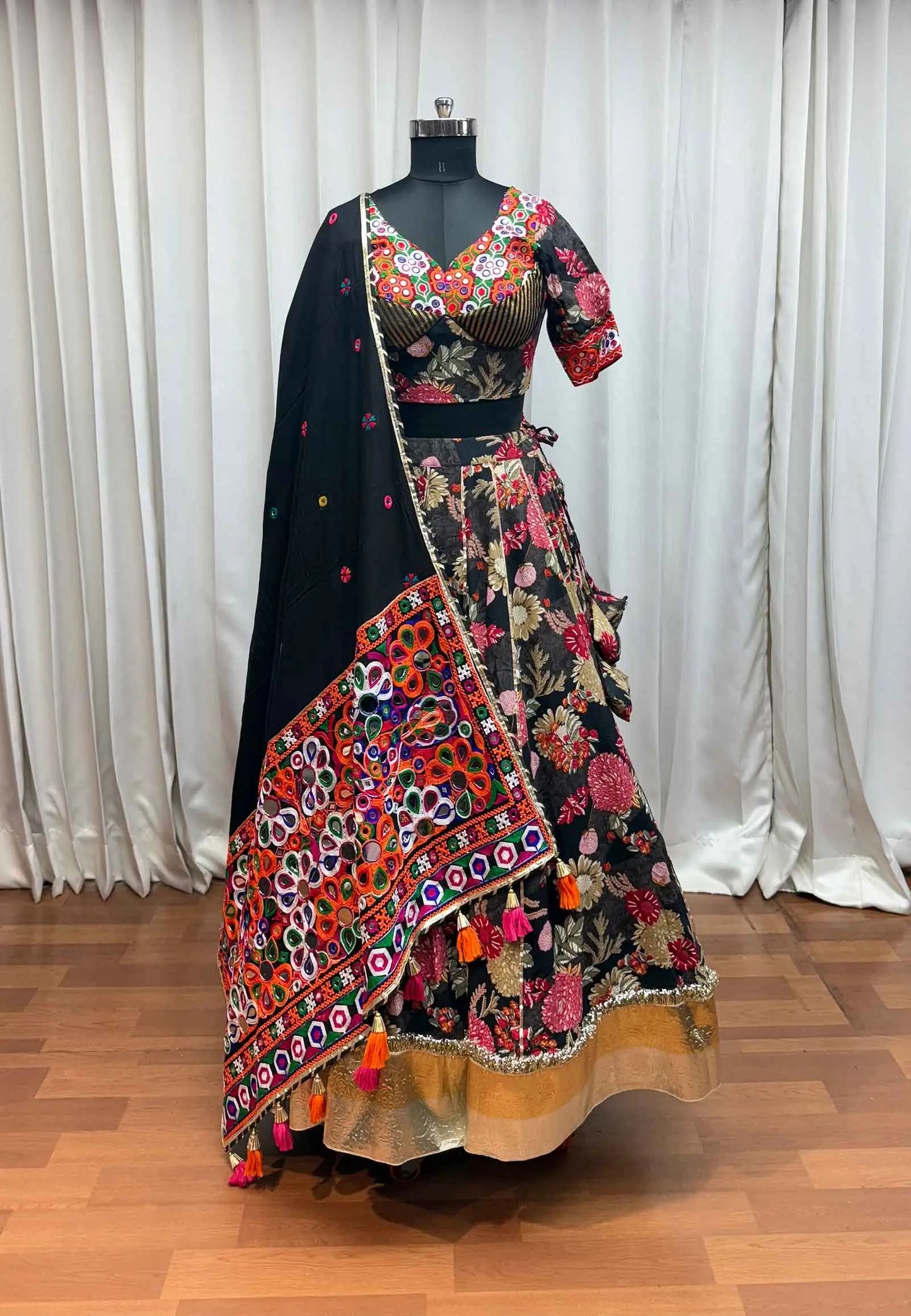 Black Floral Print Lehenga With Kutchi Mirror Work Choli For Navratri
