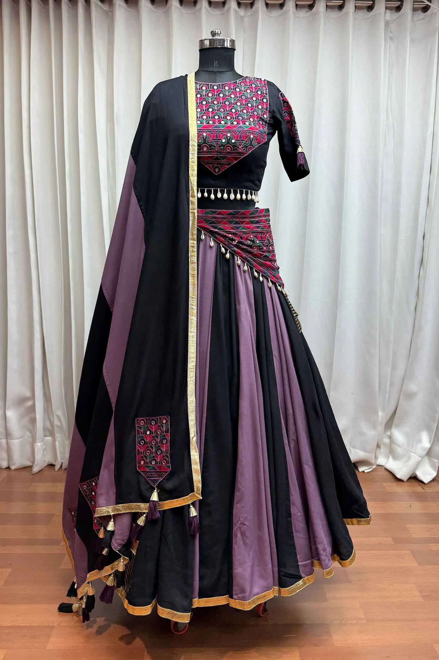 Multi Color Navratri Lehenga With Kutchi Mirror Work Choli With Waist Belt