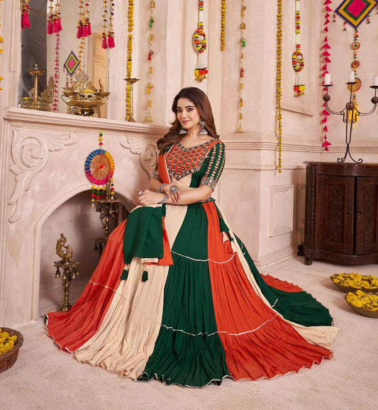 Multi Color Lehenga Choli With Kutchi Patch Work And Mirror For Navratri