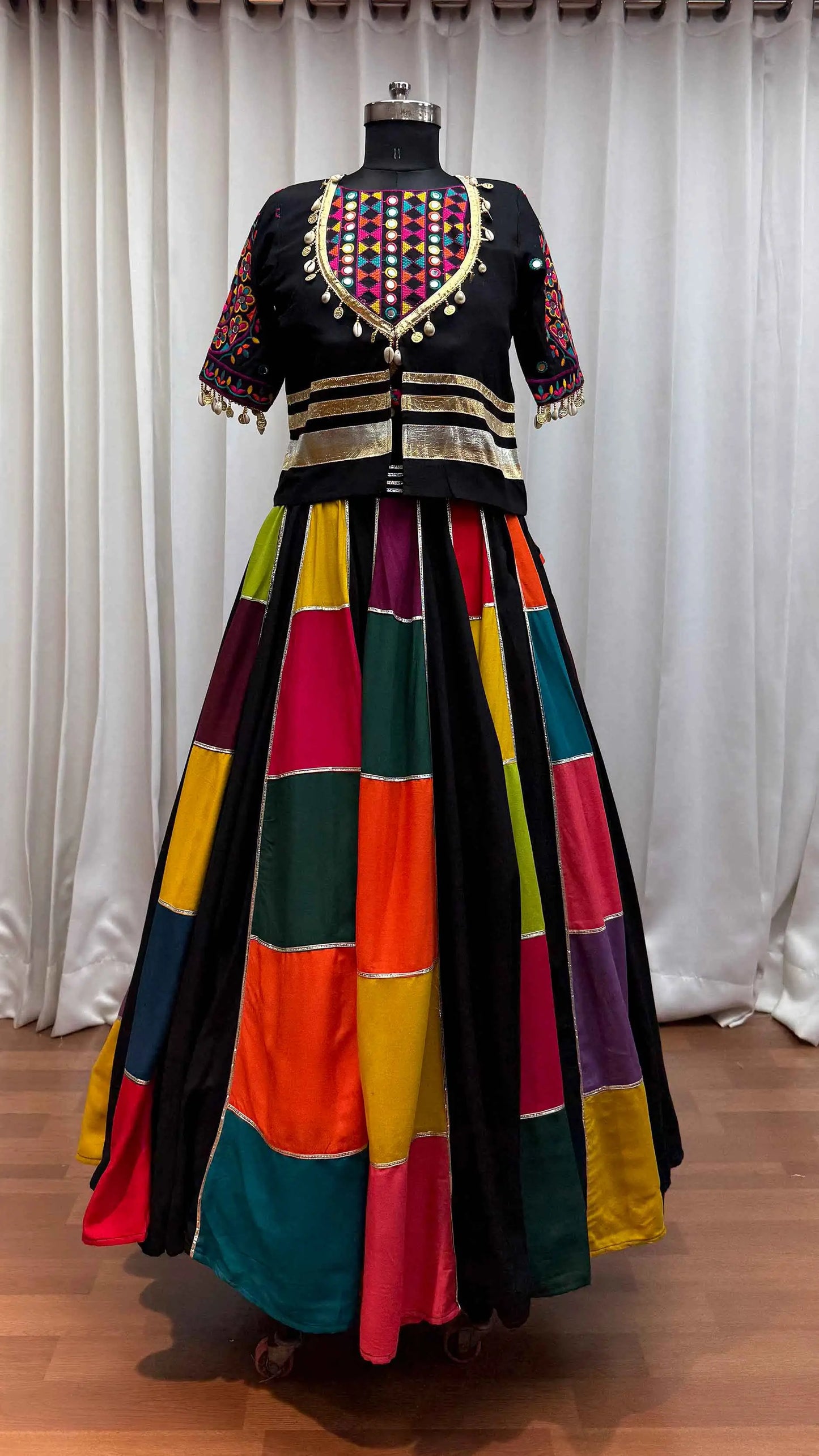 Black Multi Color Patch Work Lehenga With Thread Mirror Kodi Work Jacket
