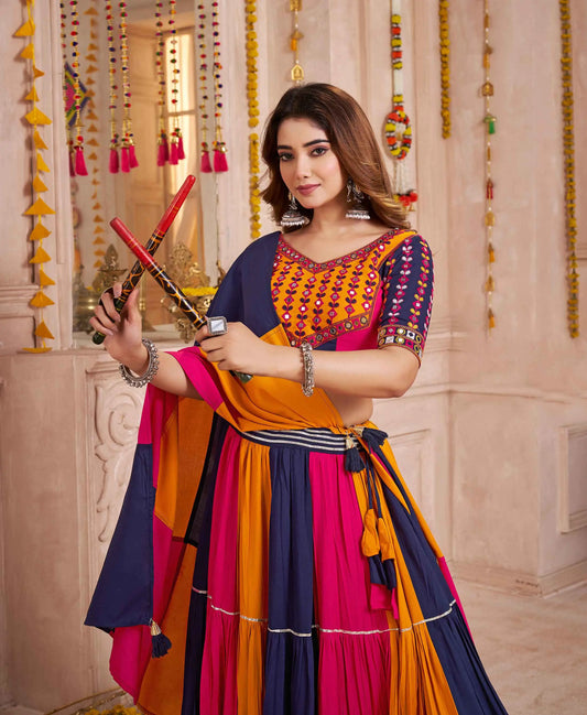Navratri Multi Color Lehenga Choli With Kutchi Patch Work And Mirror Work