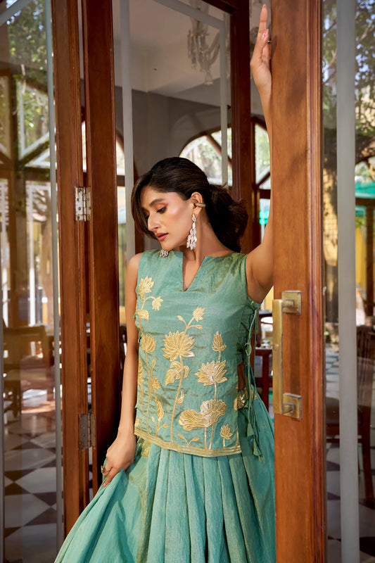 Sea Blue Embroidered Indo Western Set