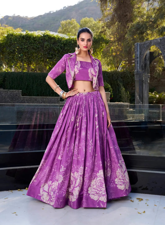 Purple Tussar Silk Floral Printed Indo Western Set