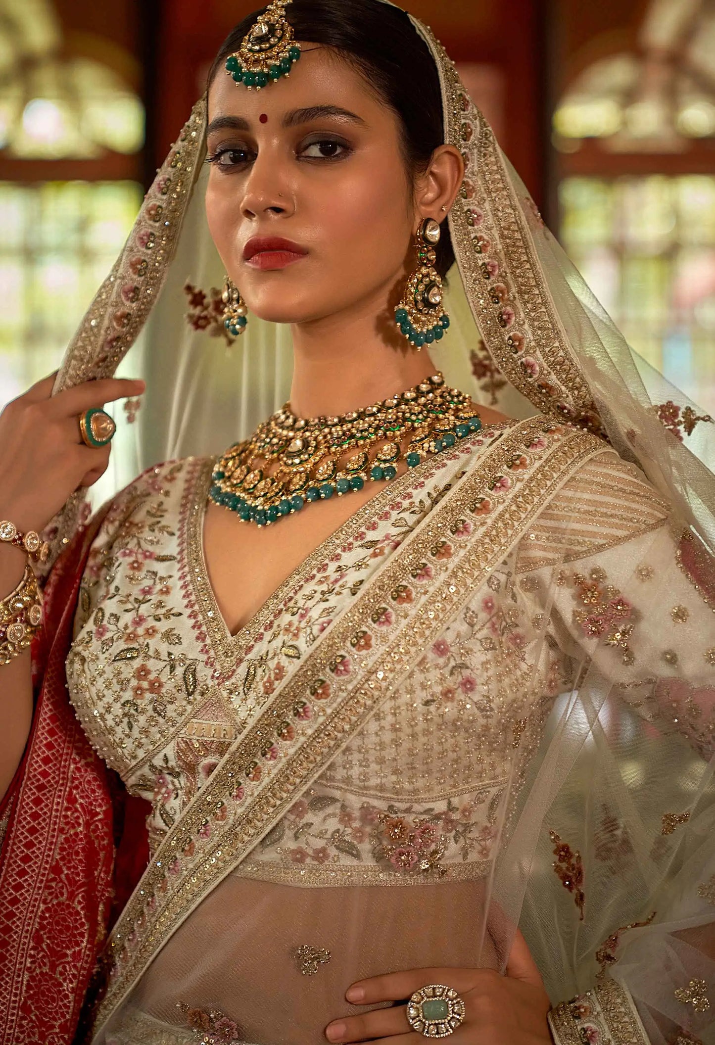 Beige Bridal Lehenga With Heavy Embroidery & Pearl Work