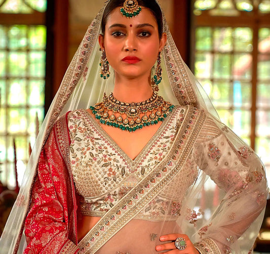 Beige Bridal Lehenga With Heavy Embroidery & Pearl Work