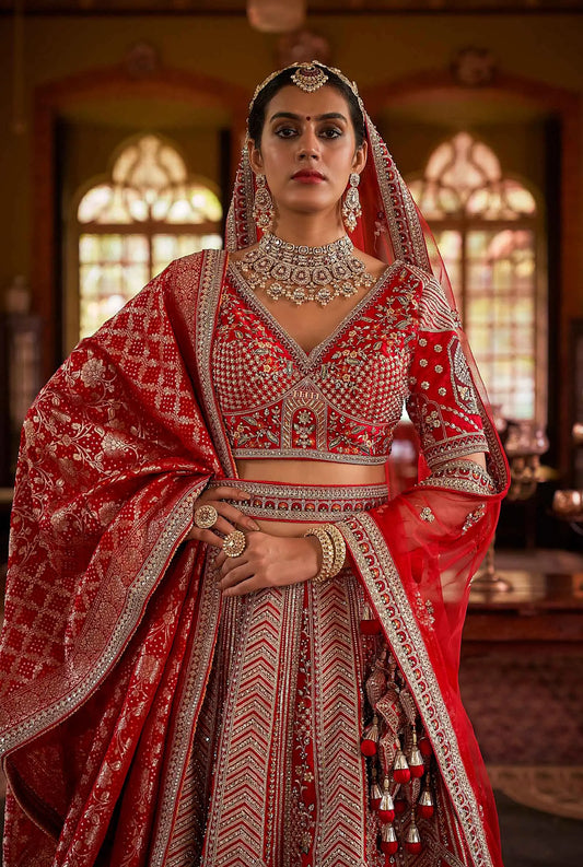 Red Bridal Lehenga With Heavy Embroidery & Pearl Work