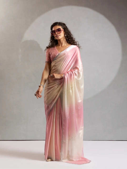 Blush Pink-Ivory Satin Silk Jarkan Hand Work Saree