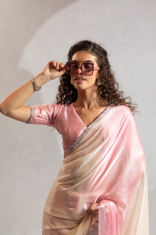 Blush Pink-Ivory Satin Silk Jarkan Hand Work Saree
