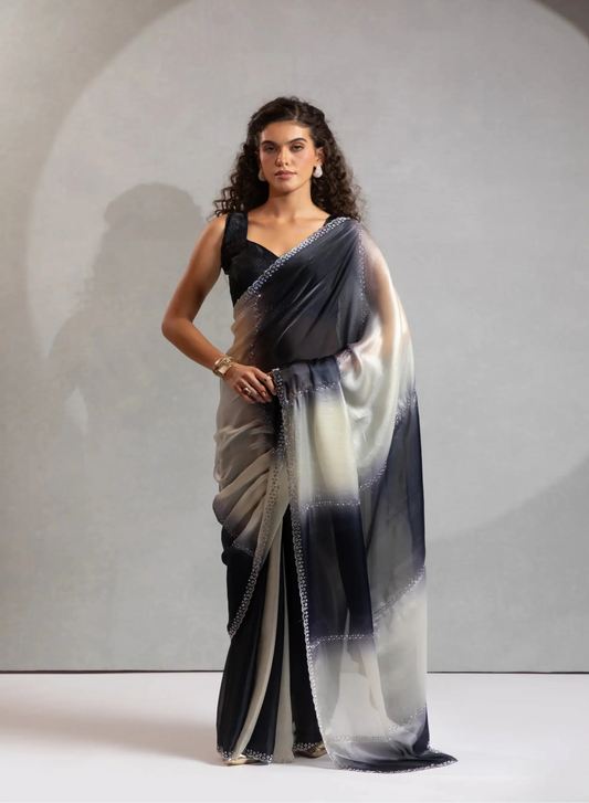 Black-Ivory Satin Silk Jarkan Hand Work Saree