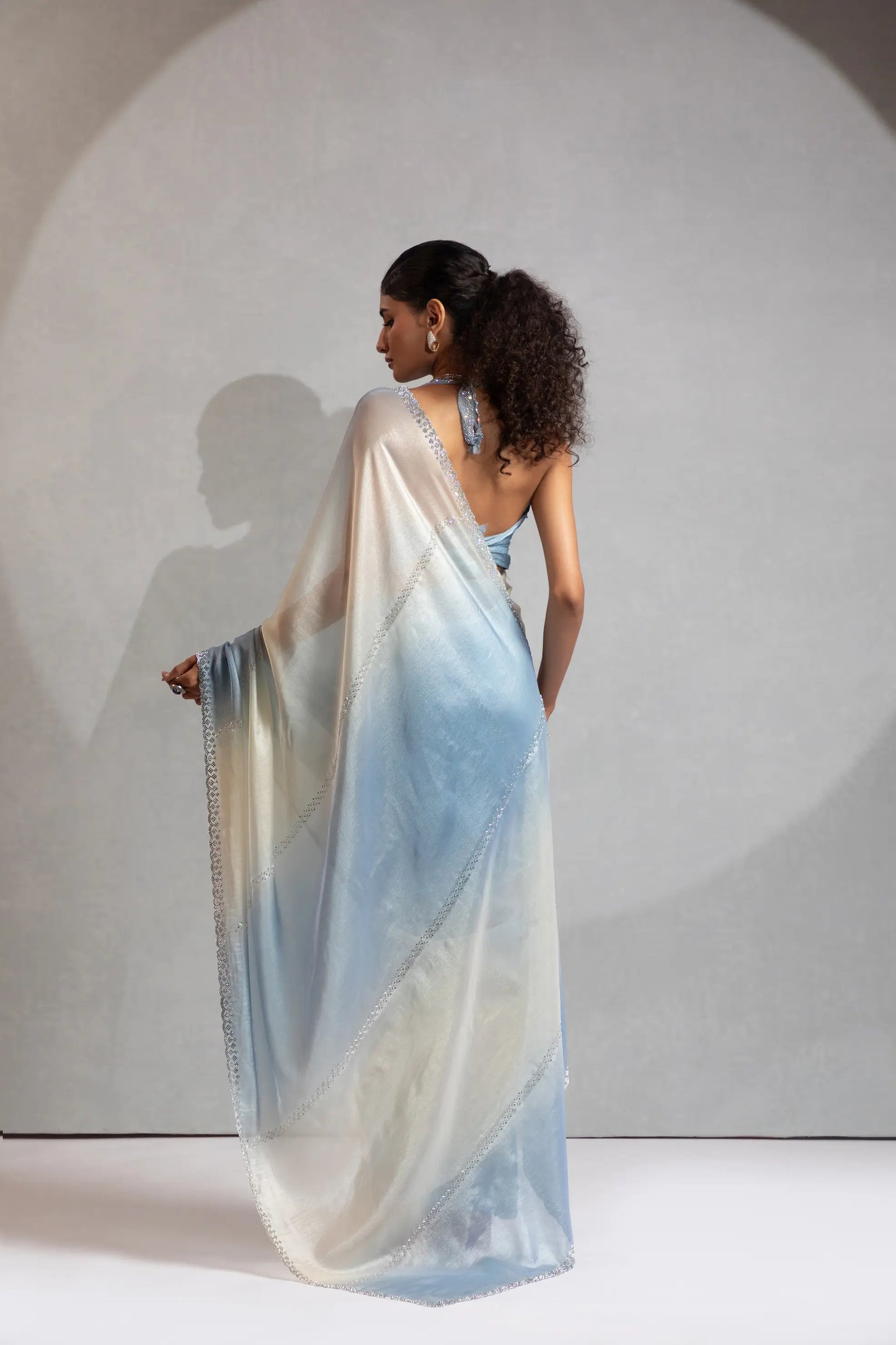Bluish Grey-Ivory Satin Silk Jarkan Hand Work Saree