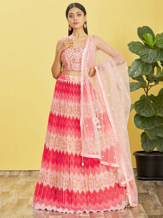 Pink Lehenga With Digital Print And Thread Zari Sequins Embroidery Real Mirror Work