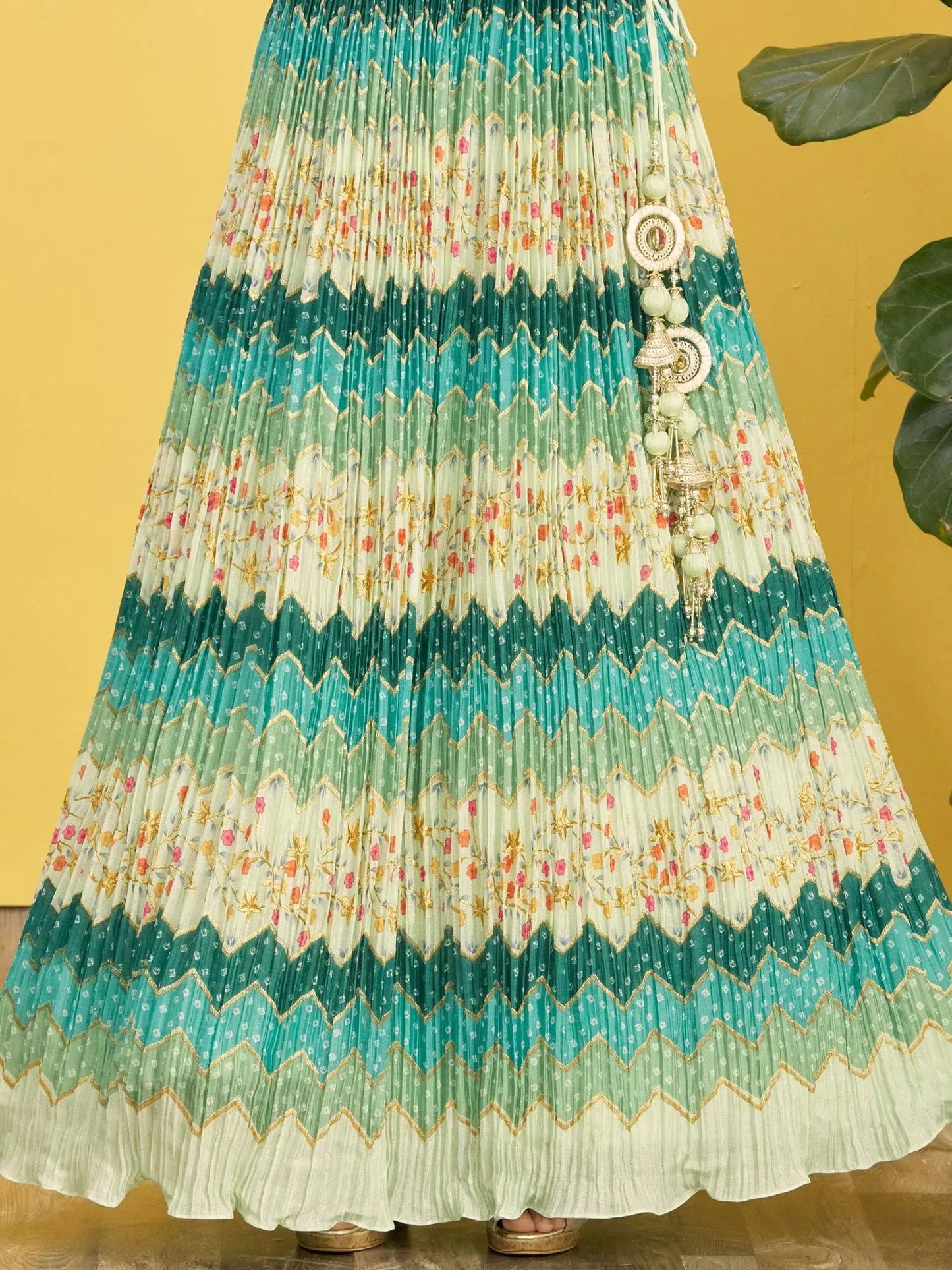 Pine Green Lehenga With Digital Print And Thread Zari Sequins Embroidery Real Mirror Work