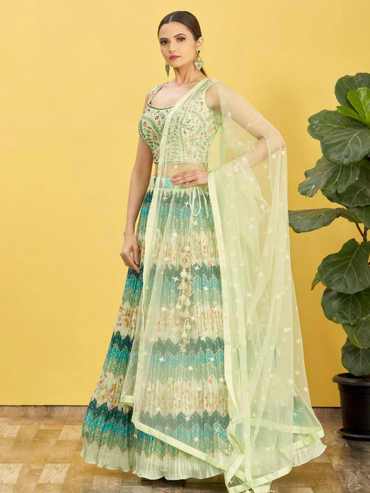 Pine Green Lehenga With Digital Print And Thread Zari Sequins Embroidery Real Mirror Work