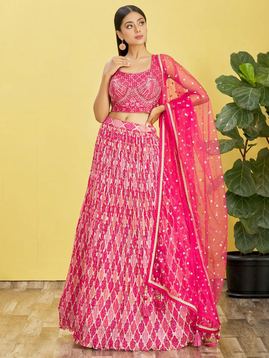 Dark Pink Lehenga With Digital Print And Thread Zari Sequins Embroidery Real Mirror Work