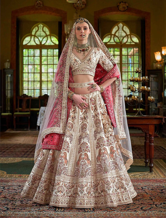 Beige Bridal Lehenga Featuring Rich Embroidery & Pearl