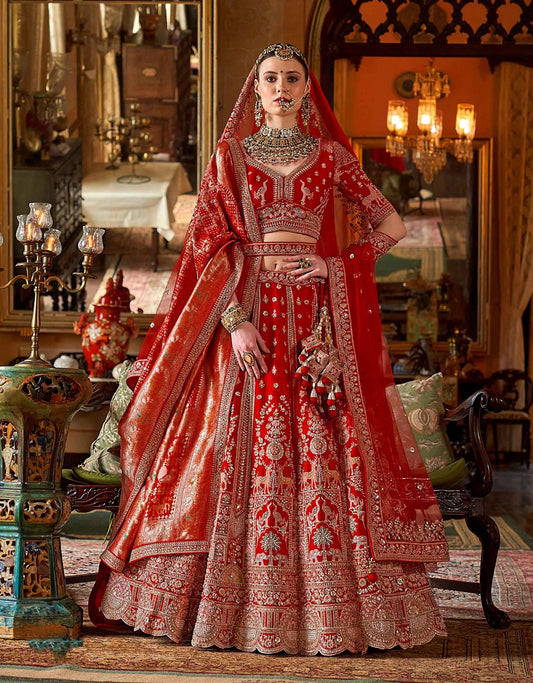 Red Heavy Embroidery & Pearl Work Bridal Lehenga