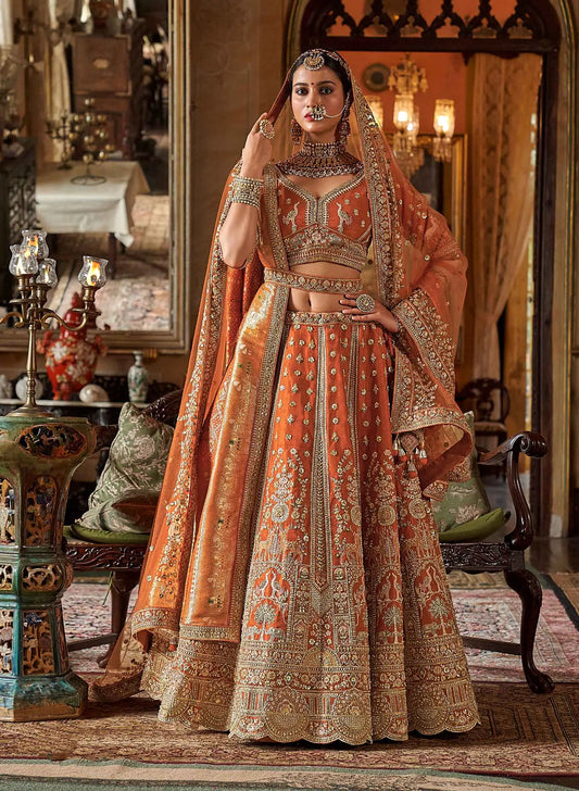 Orange Bridal Lehenga With Heavy Embroidery & Pearl Work