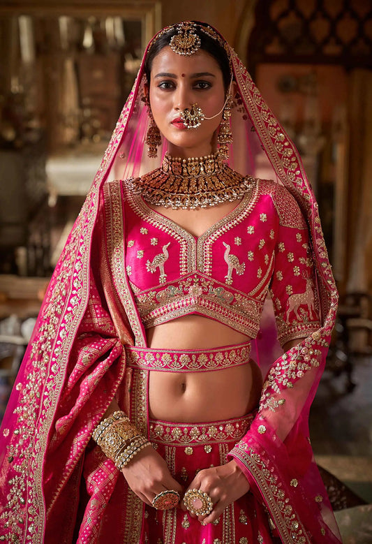 Pink Heavy Embroidery & Pearl Work Bridal Lehenga With