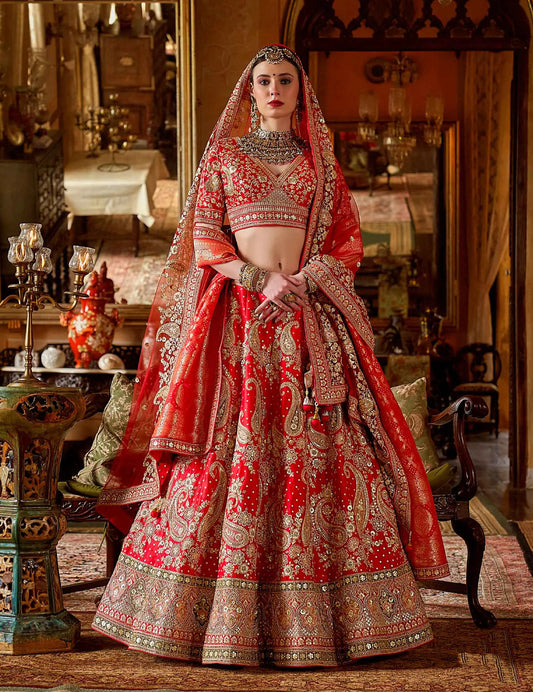Bridal Red Heavy Embroidery & Pearl Work Lehenga