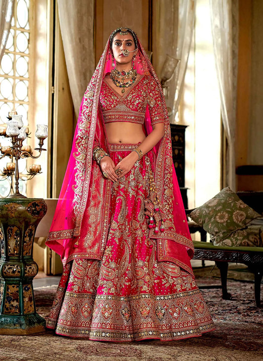 Bridal Pink Heavy Embroidery & Pearl Work Lehenga