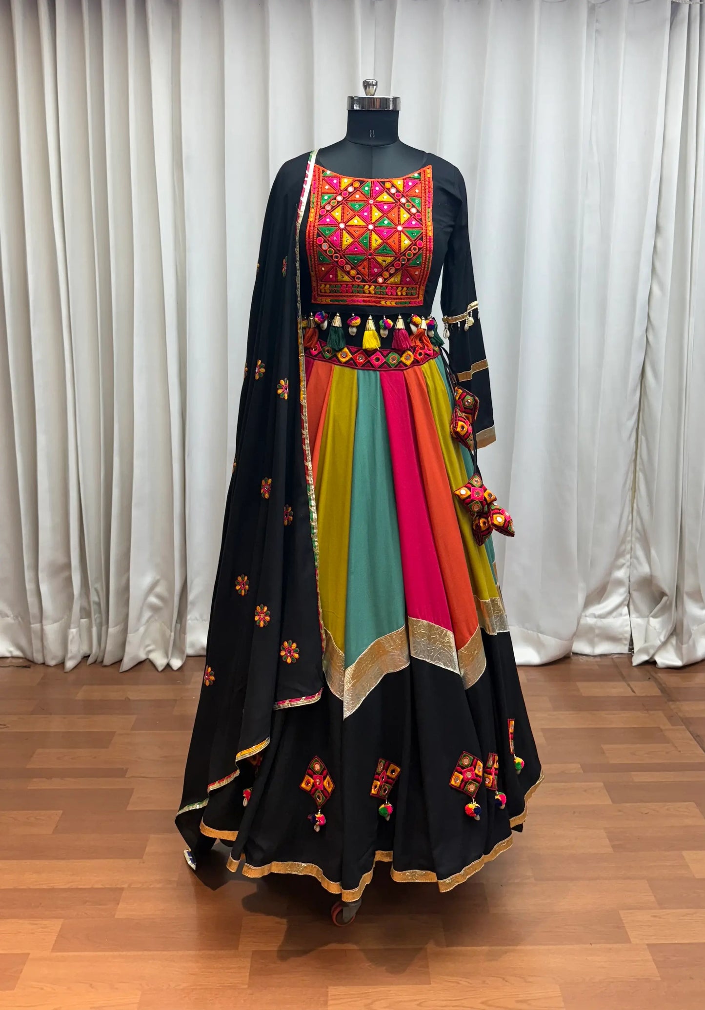 Black With Multi Color Thread Mirror Work Lehenga Choli For Navratri