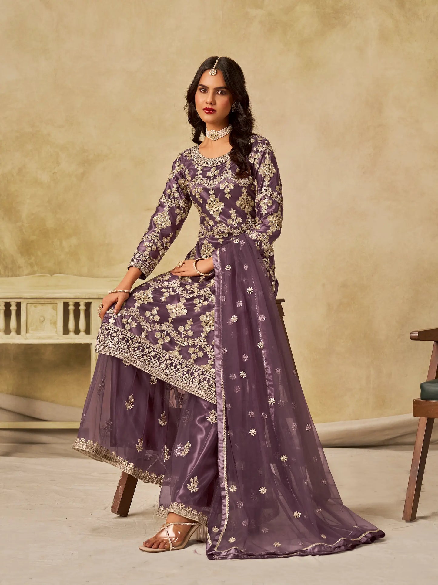 Dull Purple Net Palazzo Suit With Sequins Embroidery