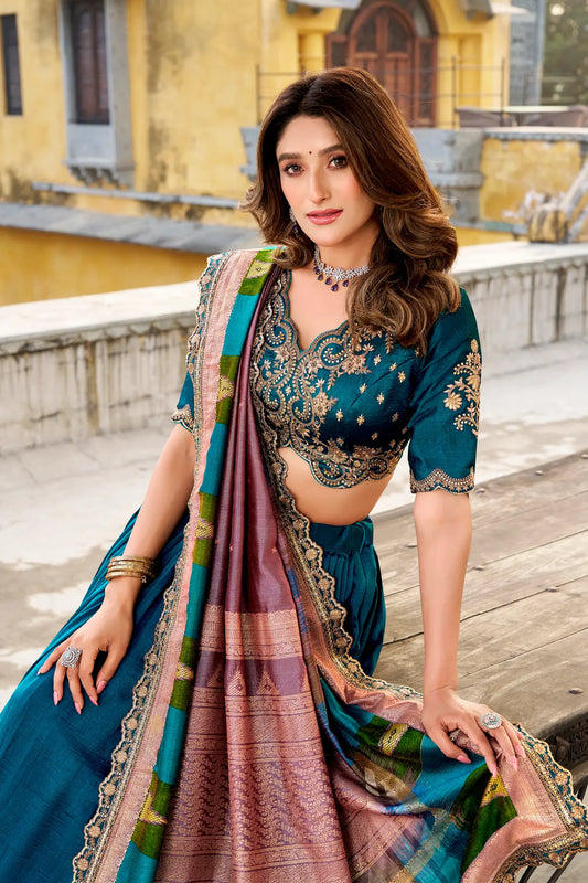 Teal Blue Vichitra Silk Embroidery Lehenga Choli