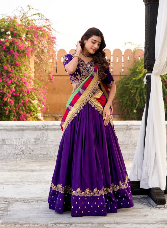 Iris Purple Vichitra Silk Embroidery Lehenga Choli