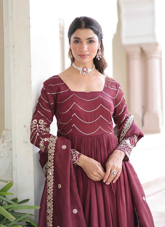 Maroon Sequins Embroidery Work Silk Gown