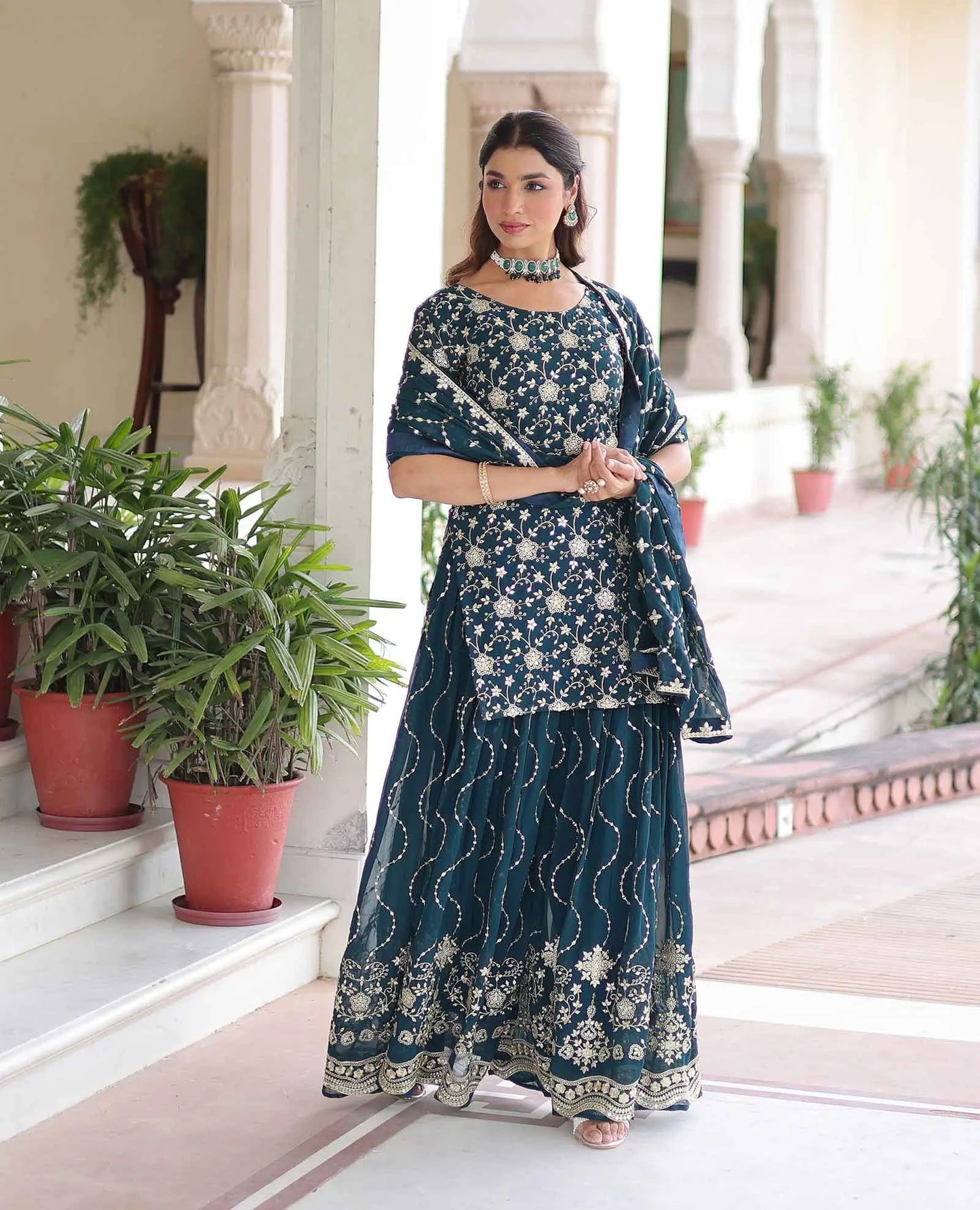 Dark Teal Georgette Embroidery Sharara Suit