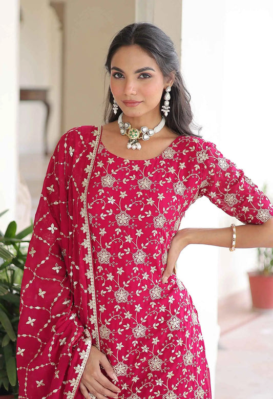 Redish Pink Georgette Embroidery Sharara Suit