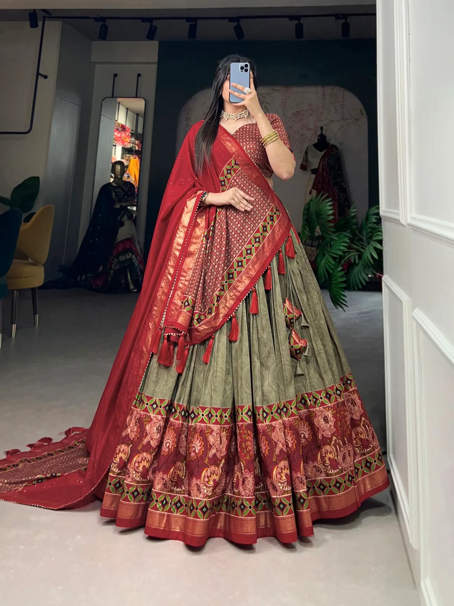 Olive Green Tussar Silk Floral Printed Lehenga Choli
