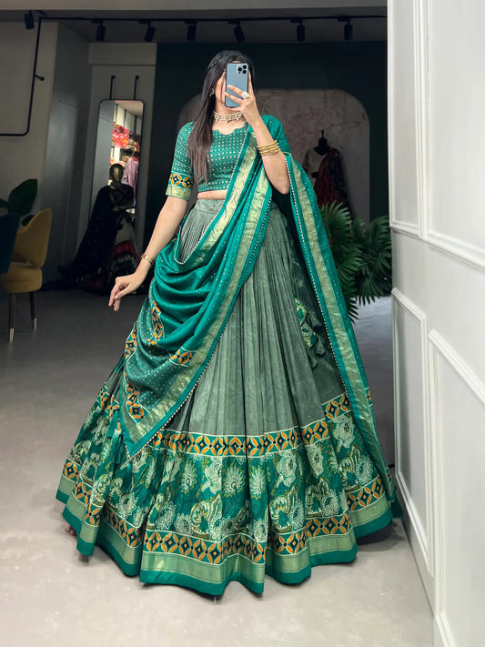 Sea Green Tussar Silk Floral Printed Lehenga Choli