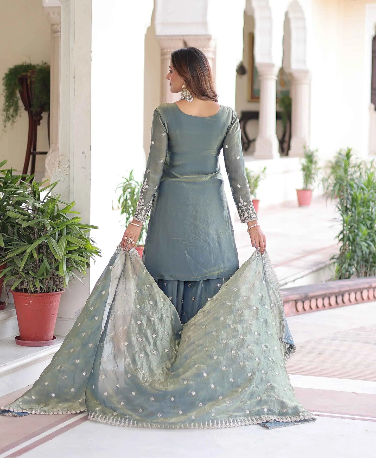 Mist Blue Fendi Silk Embroidery Work Sharara Suit