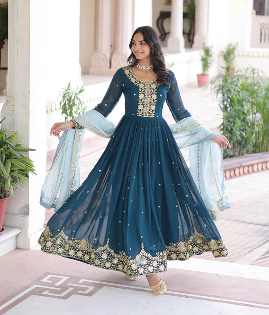 Nile Blue Sequins Embroidery Work Gown
