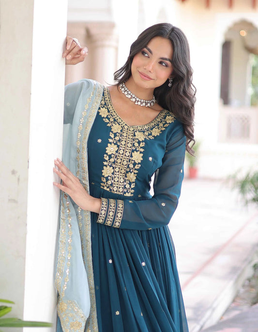 Nile Blue Sequins Embroidery Work Gown