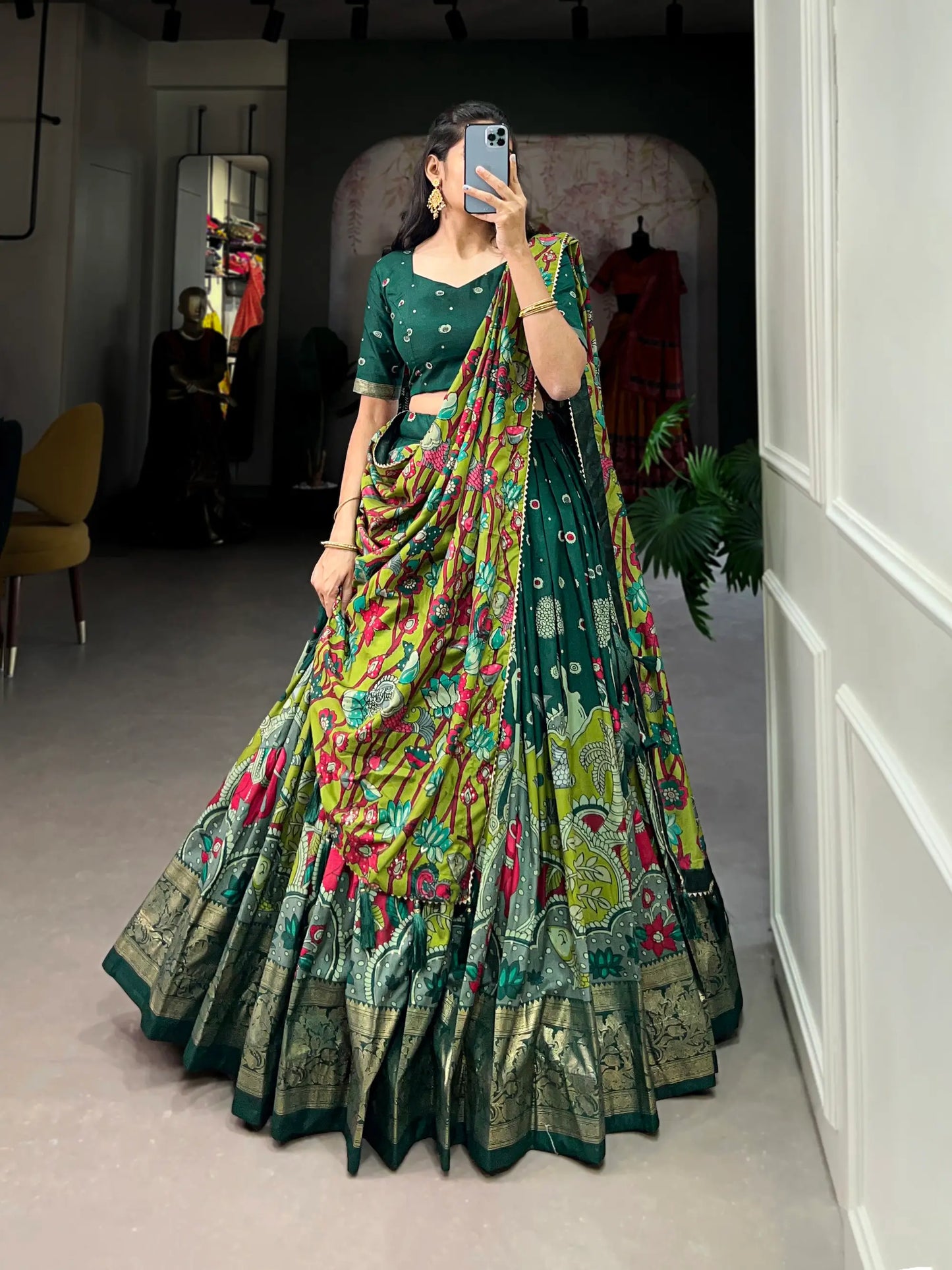 Green Tussar Silk Kalamkari Printed Lehenga Choli